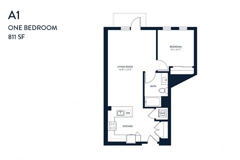 Floor plan for 1 bed, 1 bath, 811 sqft